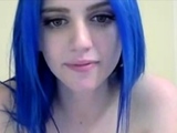 Blue haired girl rubs ice and plays with dildo