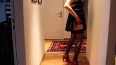 Dressed in Leather skirt and red high heels, play till cum