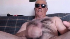 Dad's hairy thick uncut cum fountain on cam