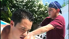 Horny Latino pool boy massages his bosses tight man ass and gets fucked