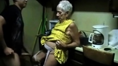 Blonde old granny rides young dick